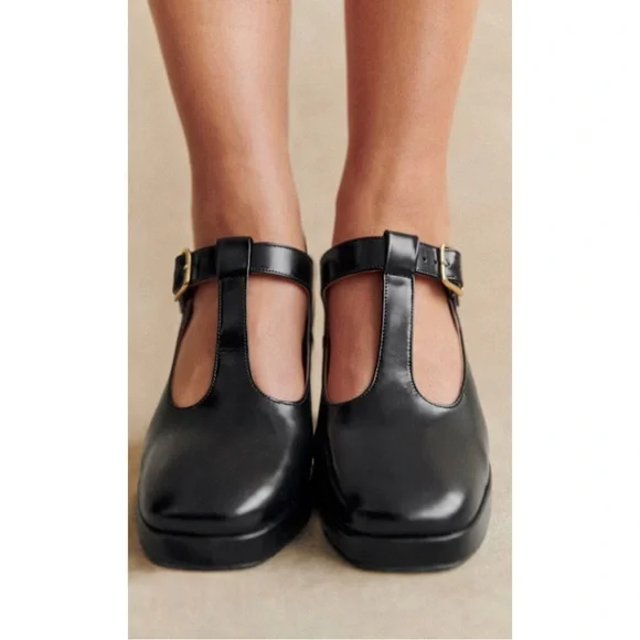 SEZANE Glossy Black Leather Monique High Babies T Strap Platform Mary Jane Heels - Picture 12 of 17